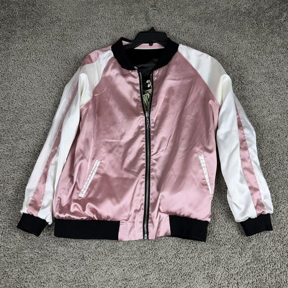 ZAFSIBLINGS Jacket Womens Small Black Pink Reversible Satin Bomber Floral - Picture 11 of 16